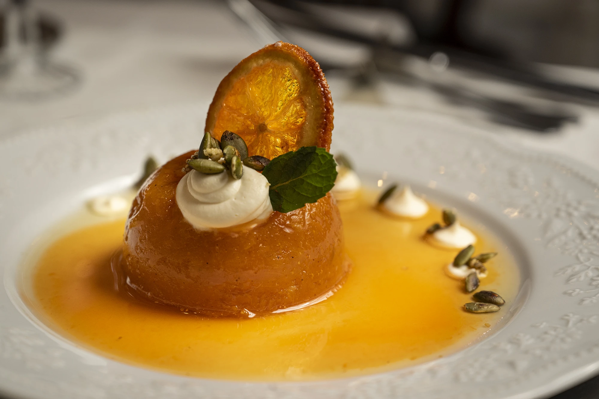 Flan de cabutia (zapallo japonés) y naranja